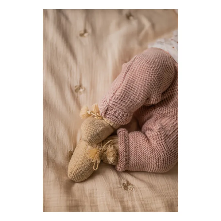 Gentil Coquelicot Chaussons en tricot et pochon brodé | Beige