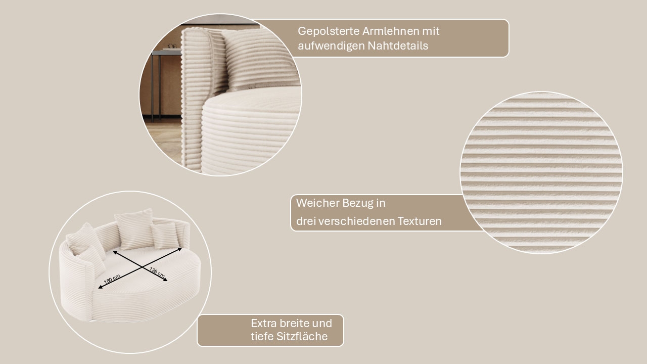 LeGer Home by Lena Gercke 2,5-Sitzer »ISALIE, rundes Loungesofa, mit Kissen, perfekt gepolstert« moderne Stoffe, mit 4 Zierkissen, extra grosse Sitzfläche