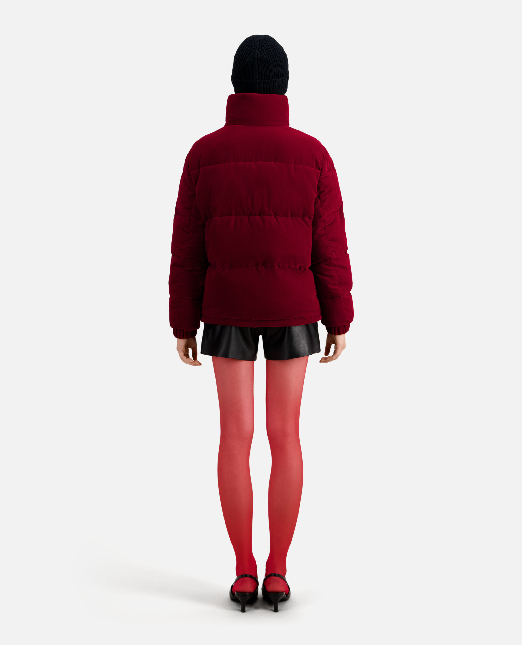Burgundy velvet puffer jacket