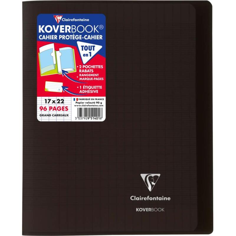 Cahier piqué Koverbook 17x22cm 96 pages grands carreaux couverture polypropylène transparent - Assortis