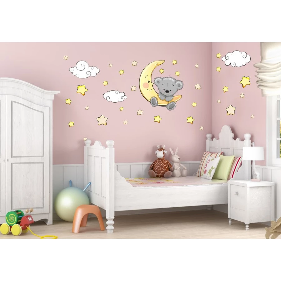 Nikima Wandtattoo 064 Wandtattoo Teddy auf Mond Wolken Sterne schläft gelb