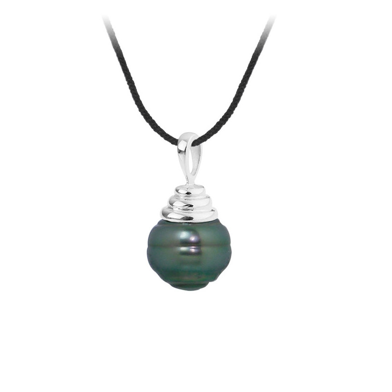 Collier Mixte en Coton noir, Pendentif Perle de Tahiti Cerclée 10 mm et Argent 925/1000
