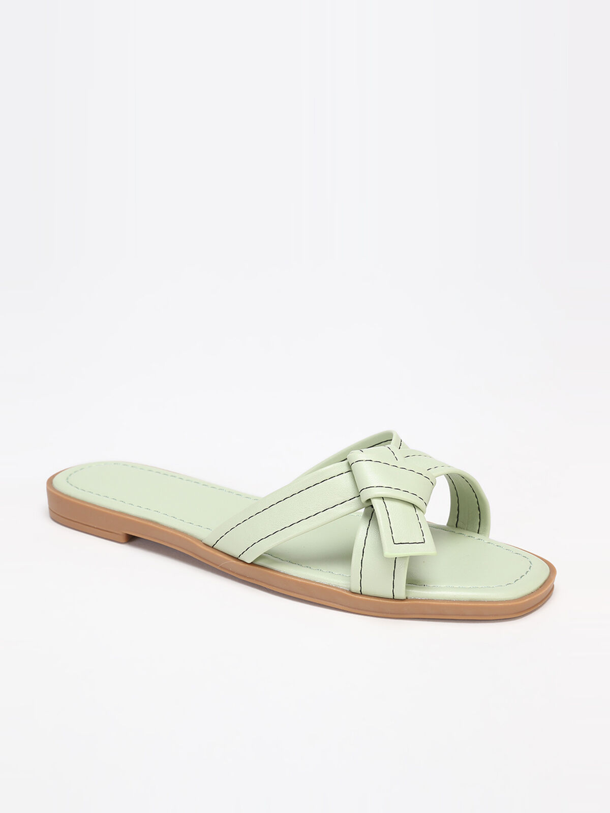 Mules à brides nouées avec surpiqures- Vert clair