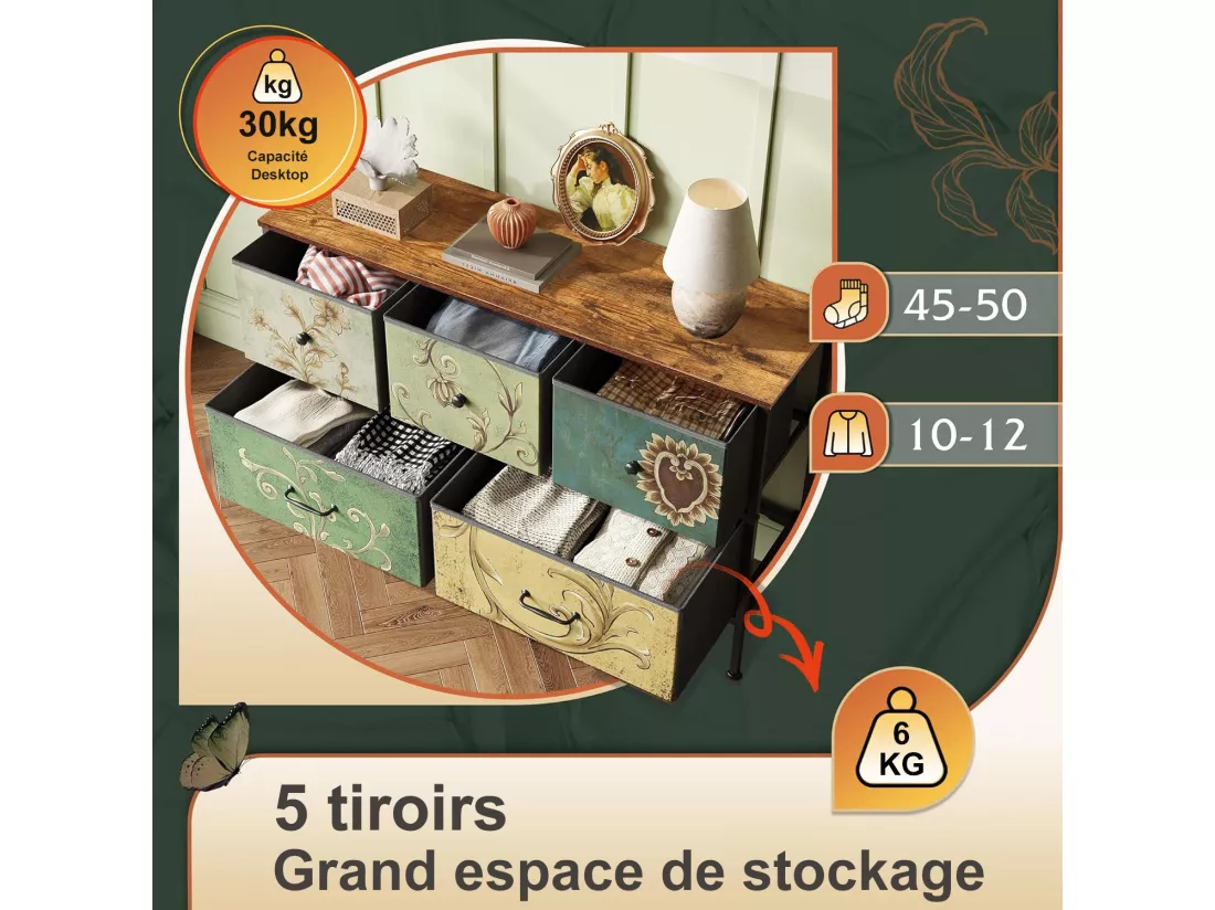 Commode 100 cm, avec 5 tiroirs de rangement, motif vintage - Multicouleur