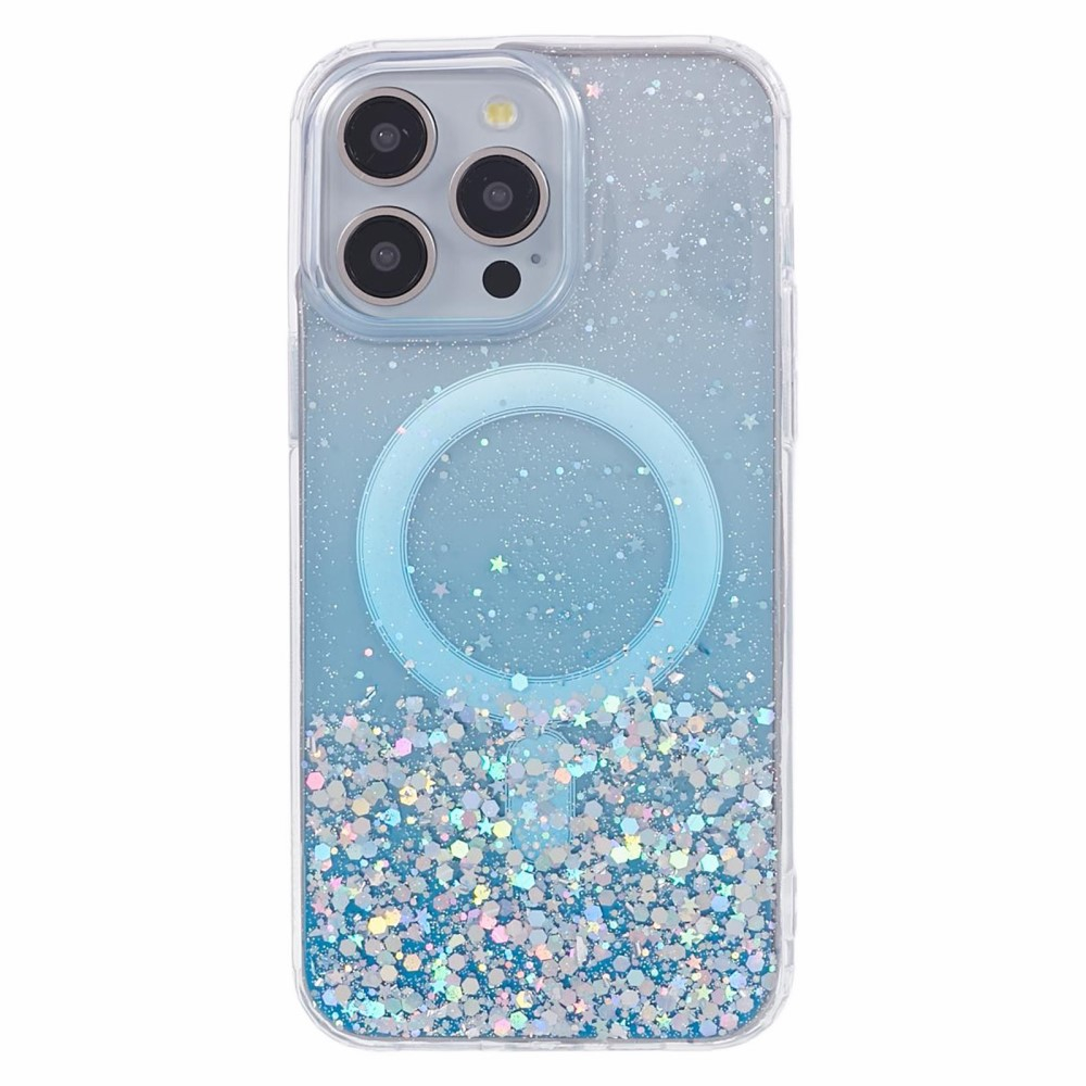 iPhone 15 Pro Max MagSafe Hülle mit Acryl Rückseite und Farbverlauf im Glitzer Design - Blau