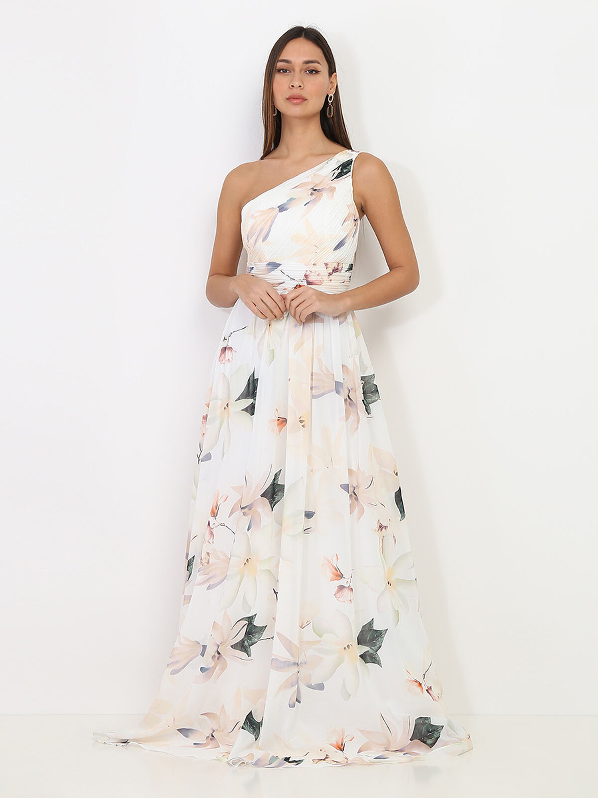 Robe longue asymétrique à fleurs de lys- Blanc