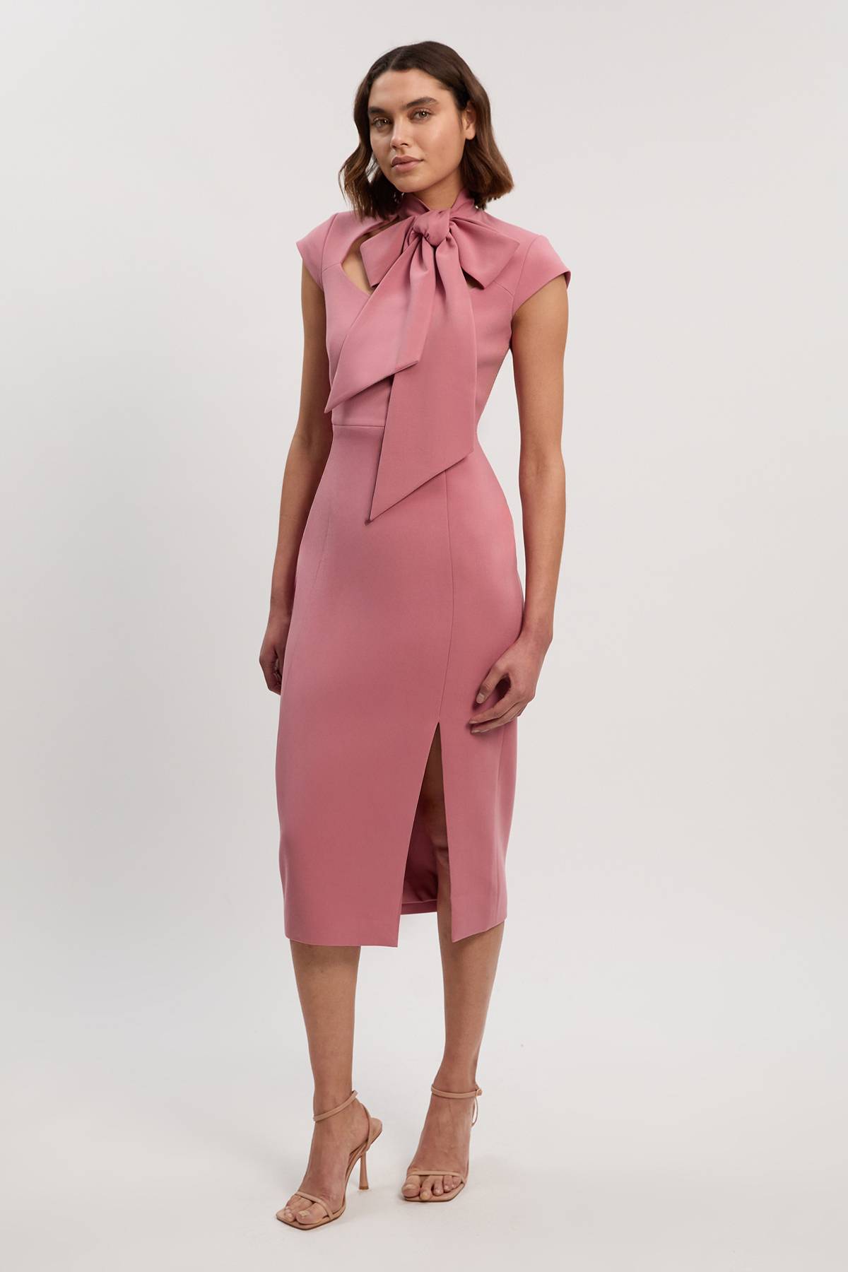 KarenMillen Robe Midi Crayon Ajustée à Col Nœud Papillon en Tissu Stretch Compact