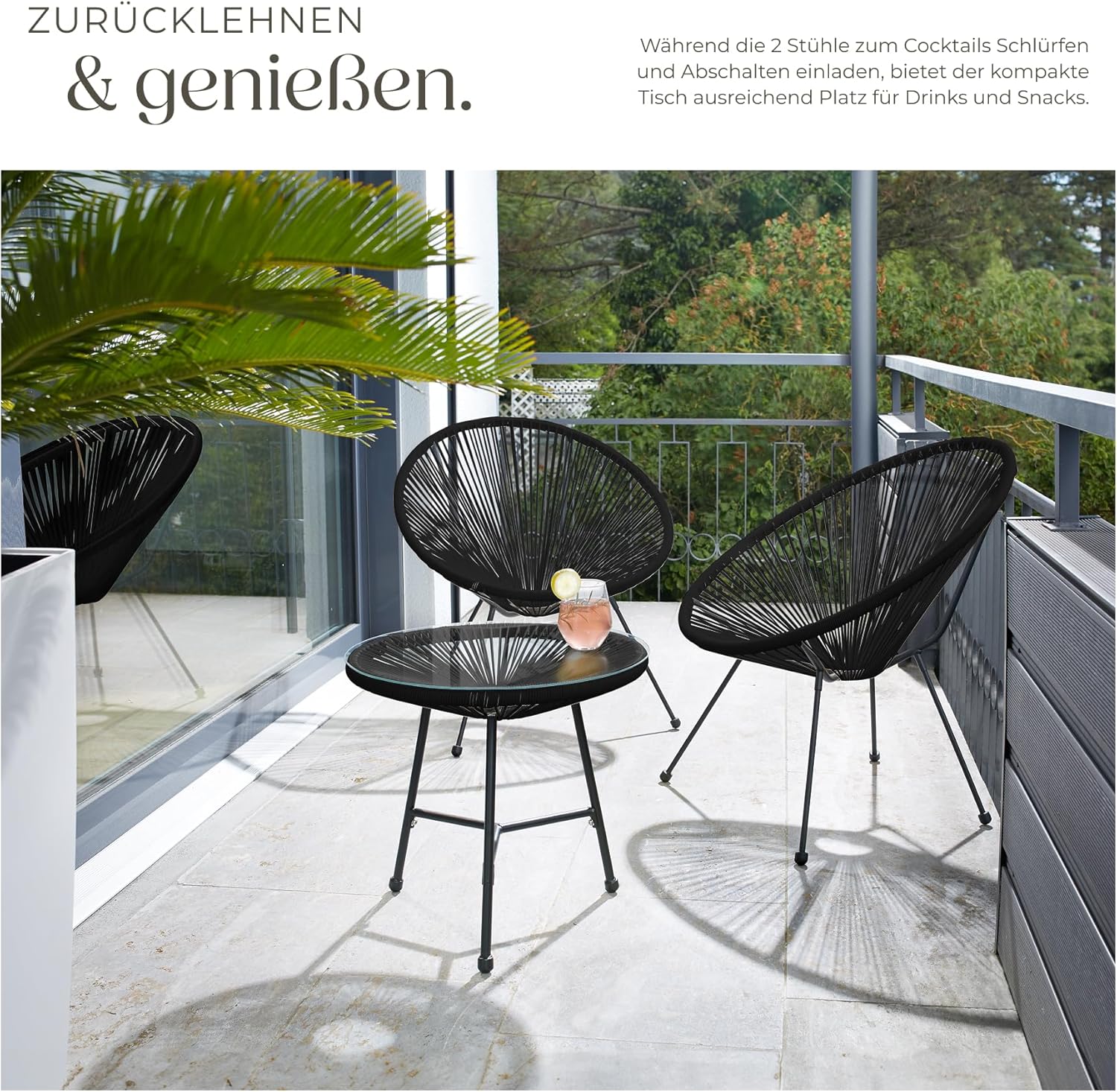 tectake® Set 2X Stuhl 1x Beistelltisch Acapulco, Gartenstuhl, Gartenstühle im Retro Design, Indoor und Outdoor Sessel für Garten, Wintergarten, als Terrassenstühle oder Balkon Sessel - schwarz