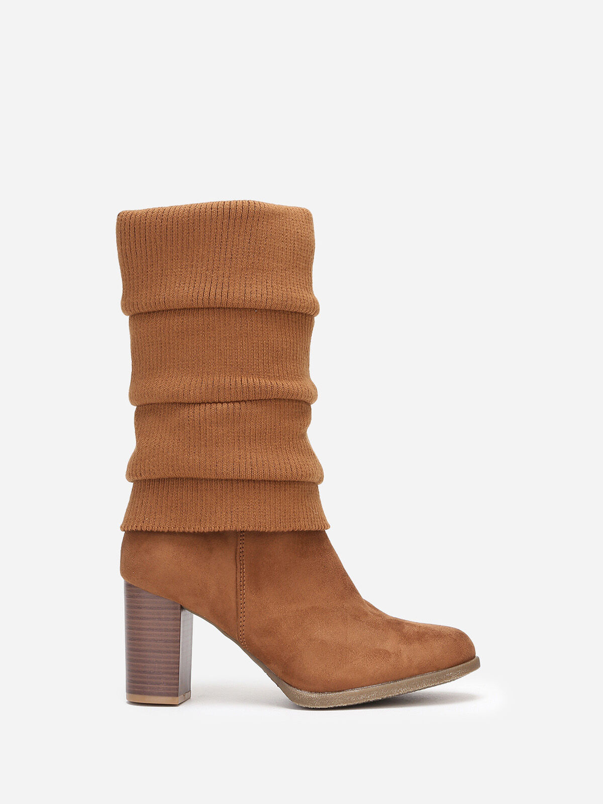 Bottes à talon en suédine et maille- Camel