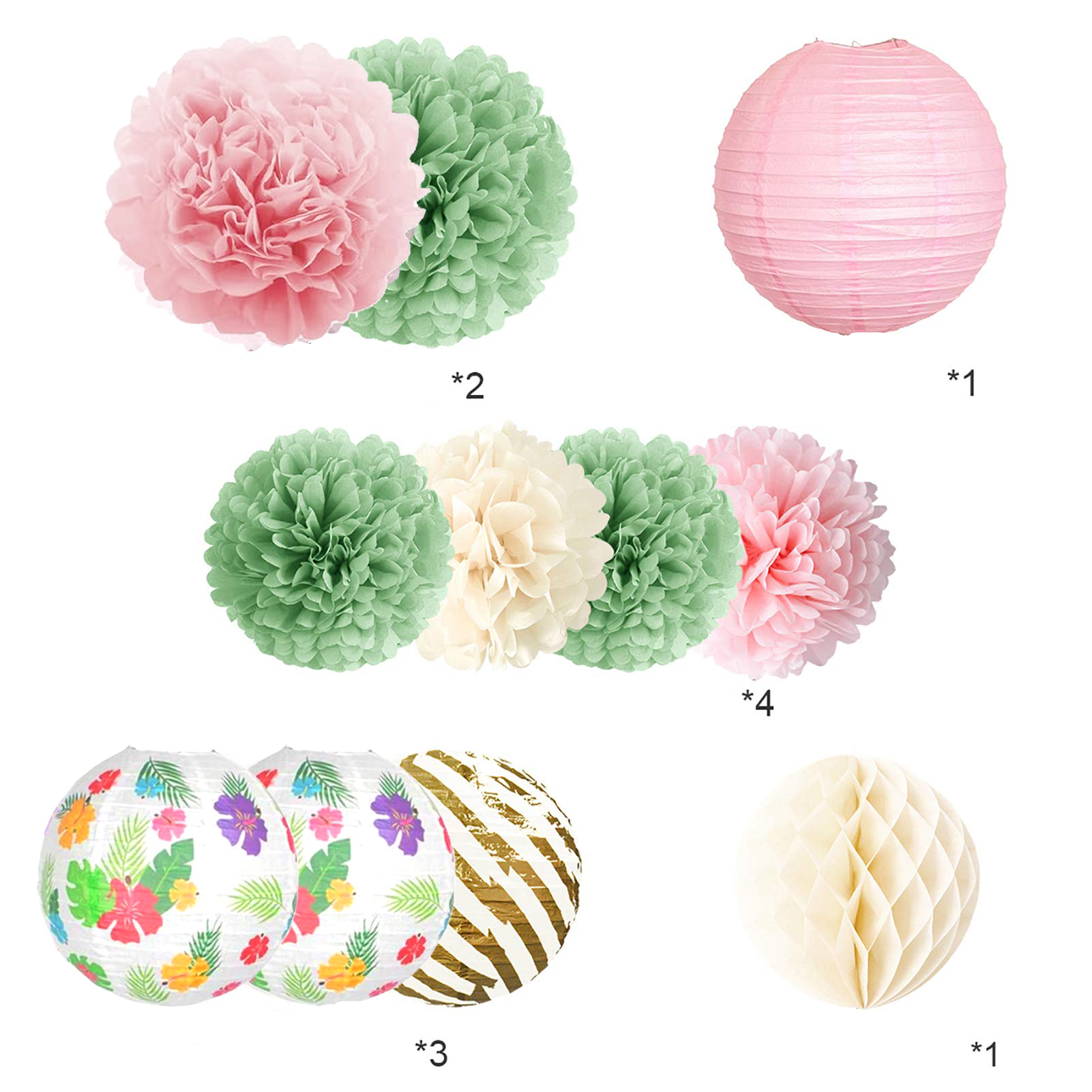 (11-tlg. Set) Papier Lampions Sommer Party Deko Pompon's Hawaii Wabenkugel - Rosa / Grün