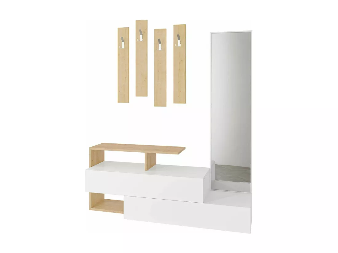 Meuble d'entrée Himalia, Crochet d'entrée, Composition pour l'atrium, Console de rangement multifonction, 137x35h55 cm, Blanc et chêne