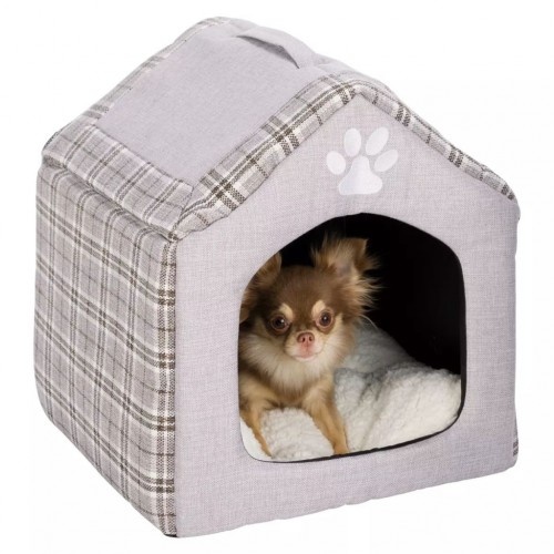 Cama cinza para animais de estimação com design de casinha