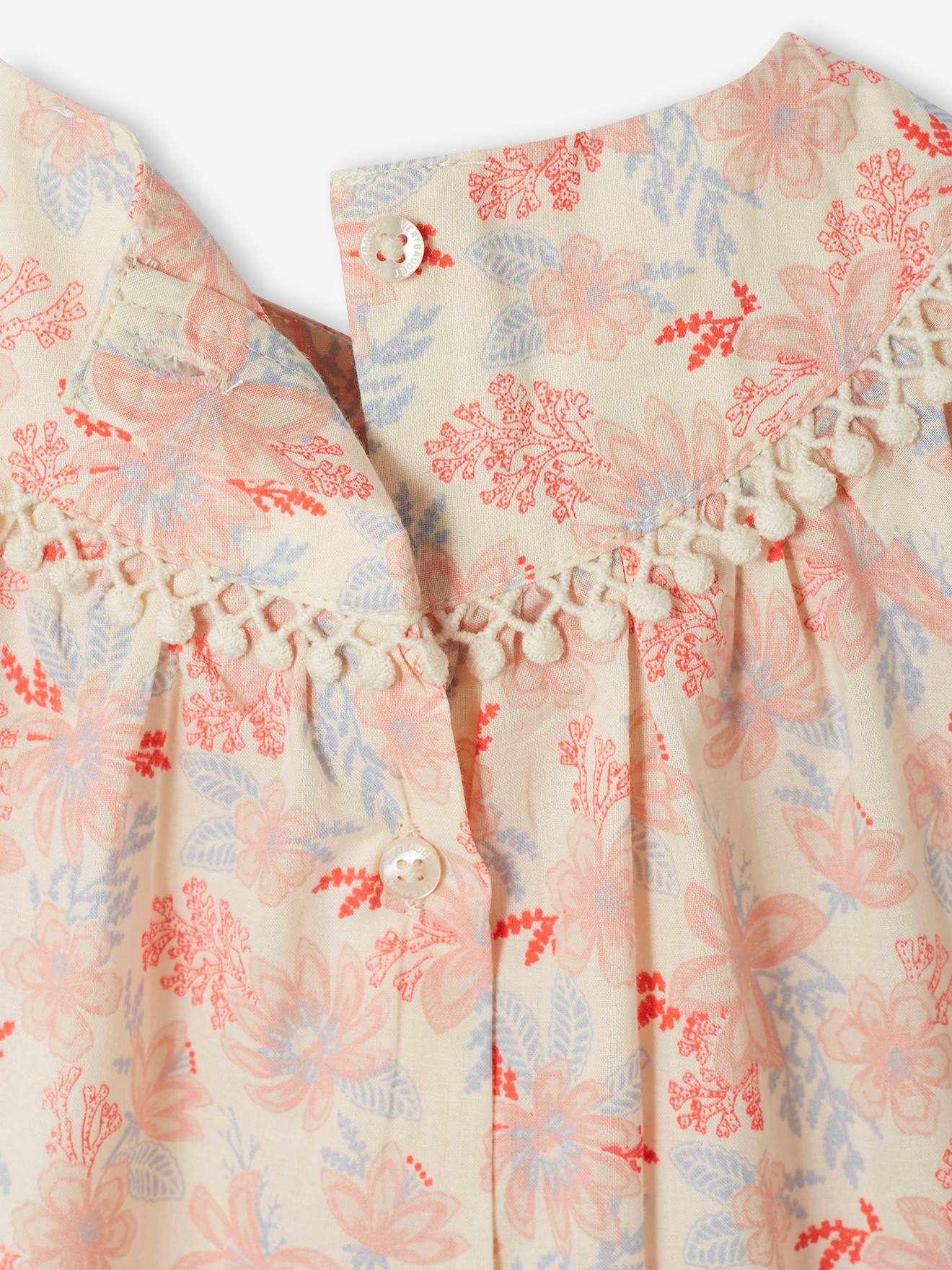 Vestido curto de manga curta com estampa floral off-white para bebê