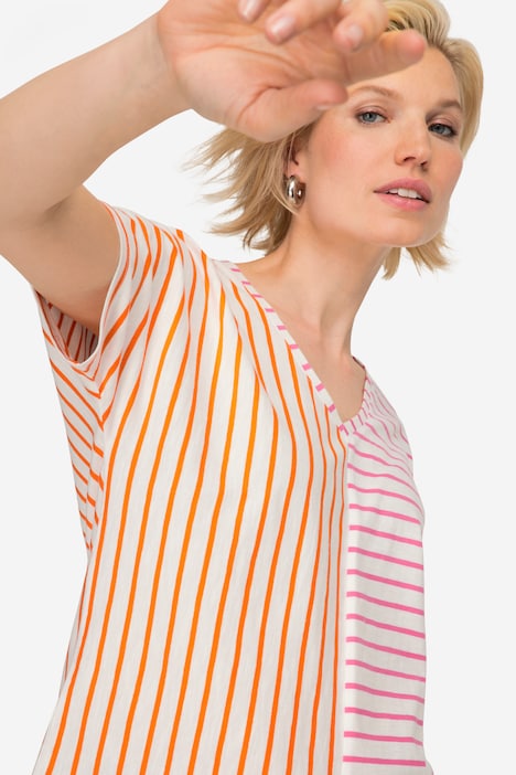 T-Shirt, Ringelmix, V-Ausschnitt, Halbarm, OEKO-TEX Made in Green