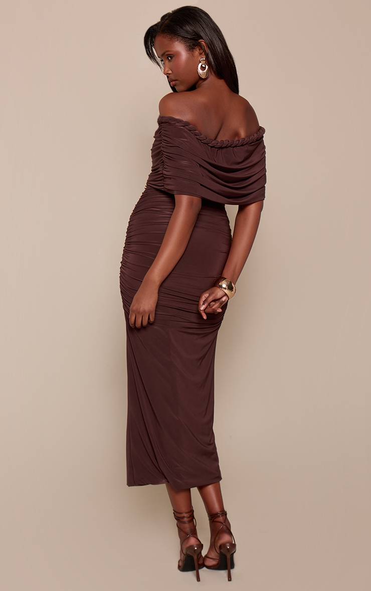 Chocolate Brown Robe Longue Bandeau En Tissu Slinky Avec Détail Tressé