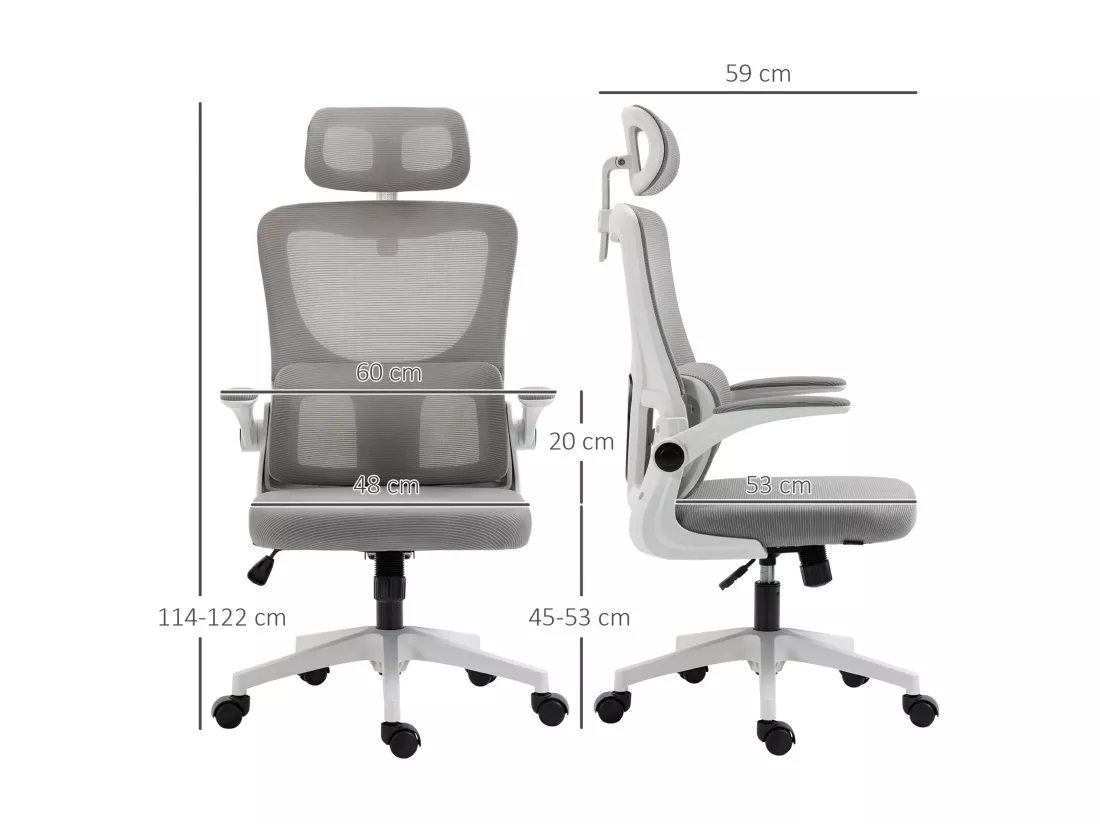 Fauteuil de bureau ergonomique réglable - fonction bascule, support lombaires, tétière ajustable - blanc gris