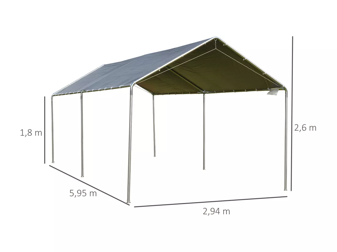 Carport auvent pour voiture 5,95L x 2,90l x 2,60H m acier galvanisé robuste PE haute densité gris