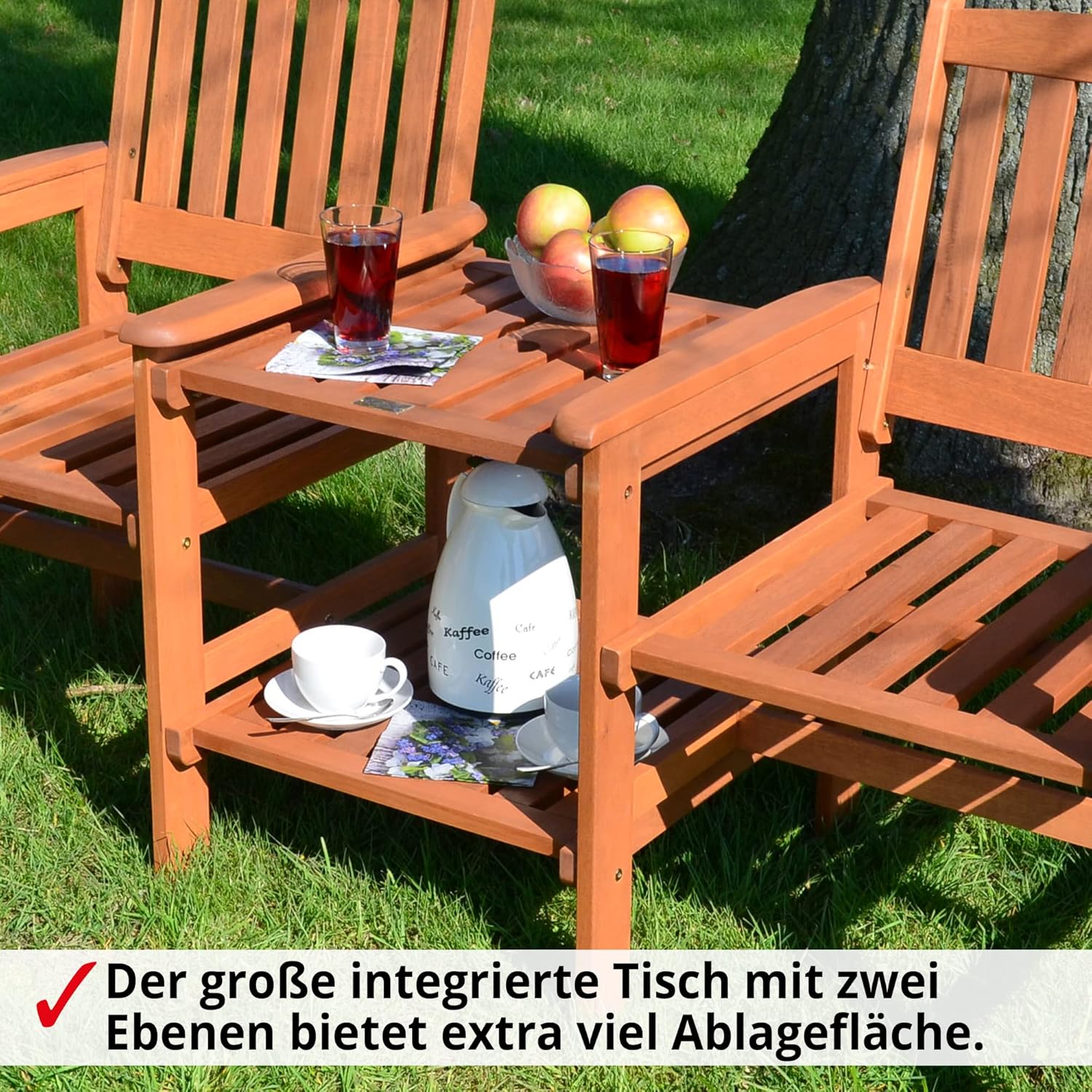 Hecht Gartenbank mit Gartentisch – 2 Sitzer – Friesenbank für Garten und Balkon – Holzbank aus hochwertigem Meranti Holz – mit Tisch – wetterfest – Outdoor Bank für 2 Personen - Gartenstuhl