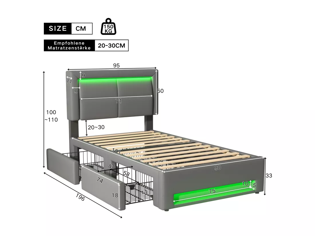 Lit rembourré 90x190 cm, avec port USB (supporte le chargement sans fil et filaire), avec éclairage LED et quatre tiroirs, PU-Litschi, gris