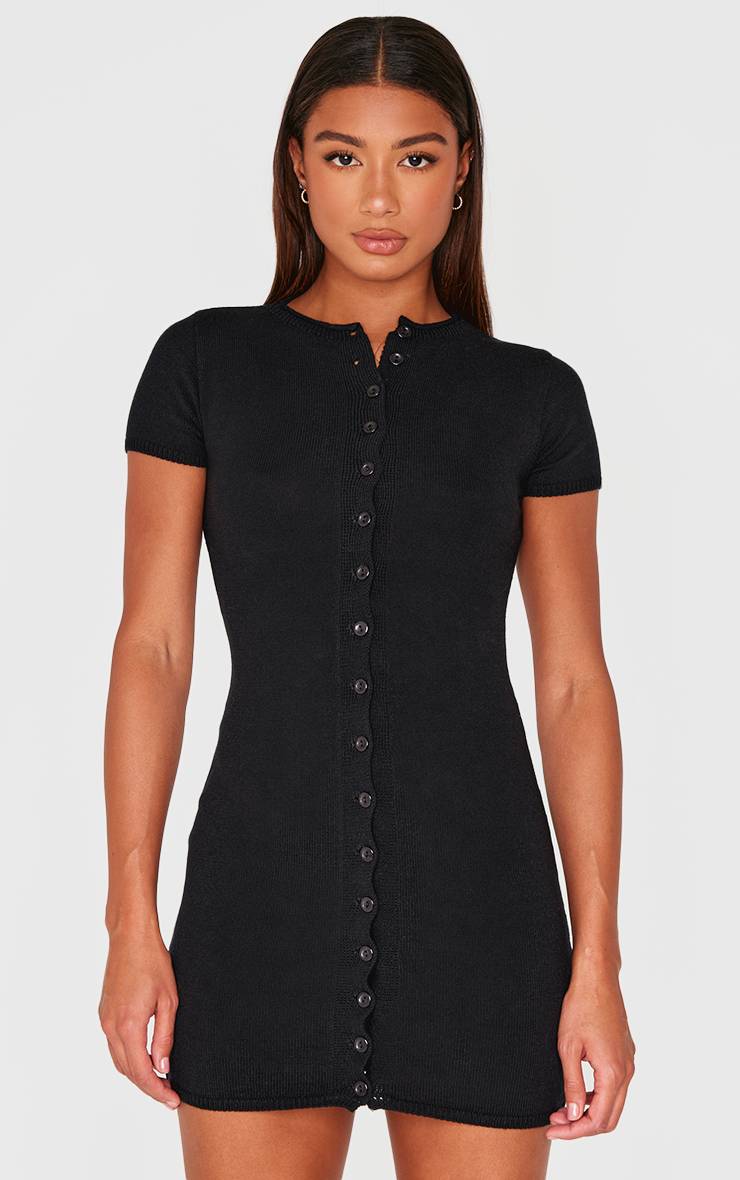 Noir Robe Mini En Maille Douce Boutonnée Sur Le Devant