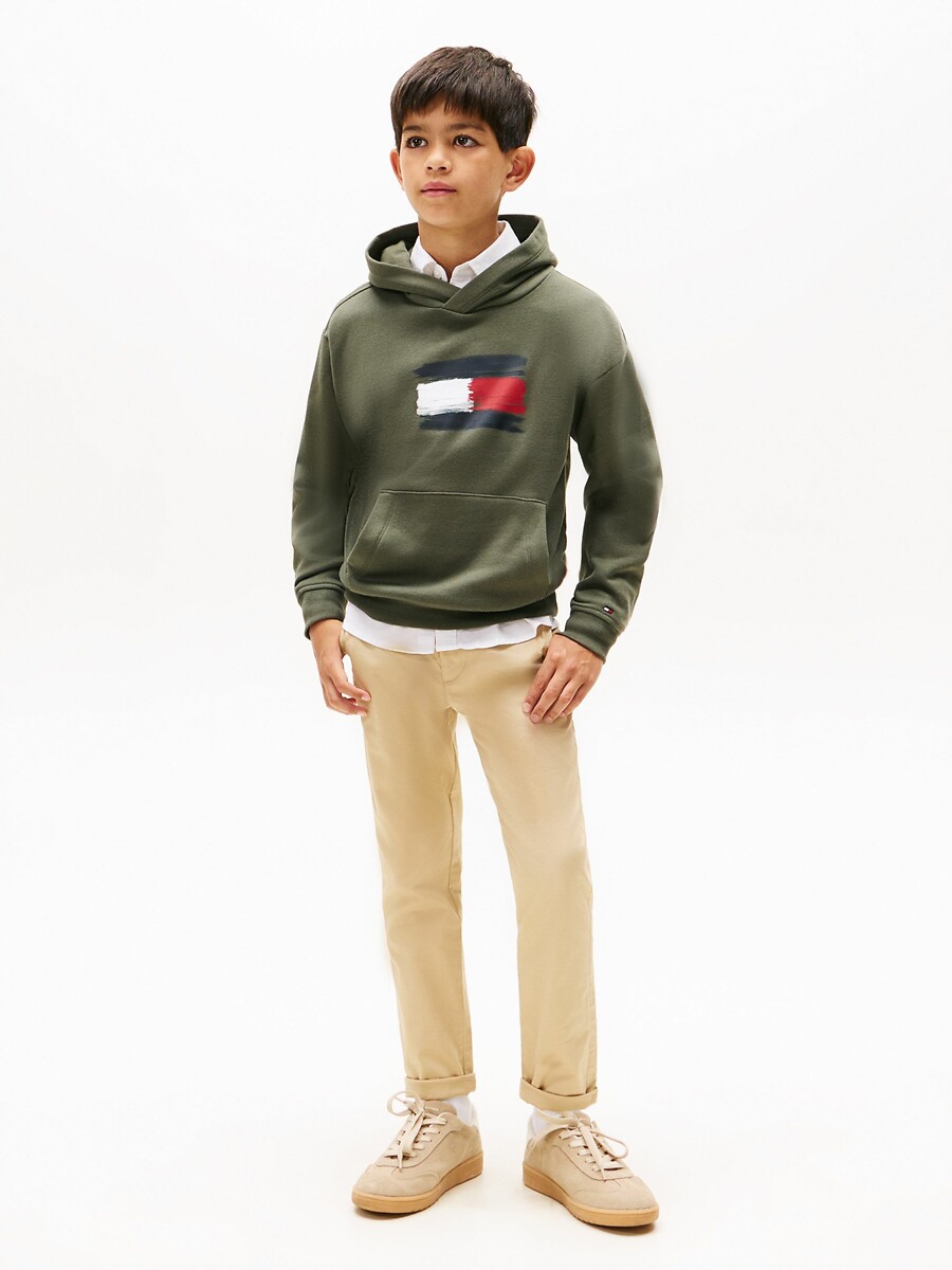 TOMMY HILFIGER<br>Moletom com capuz, estampa de bandeira, tecido fleece