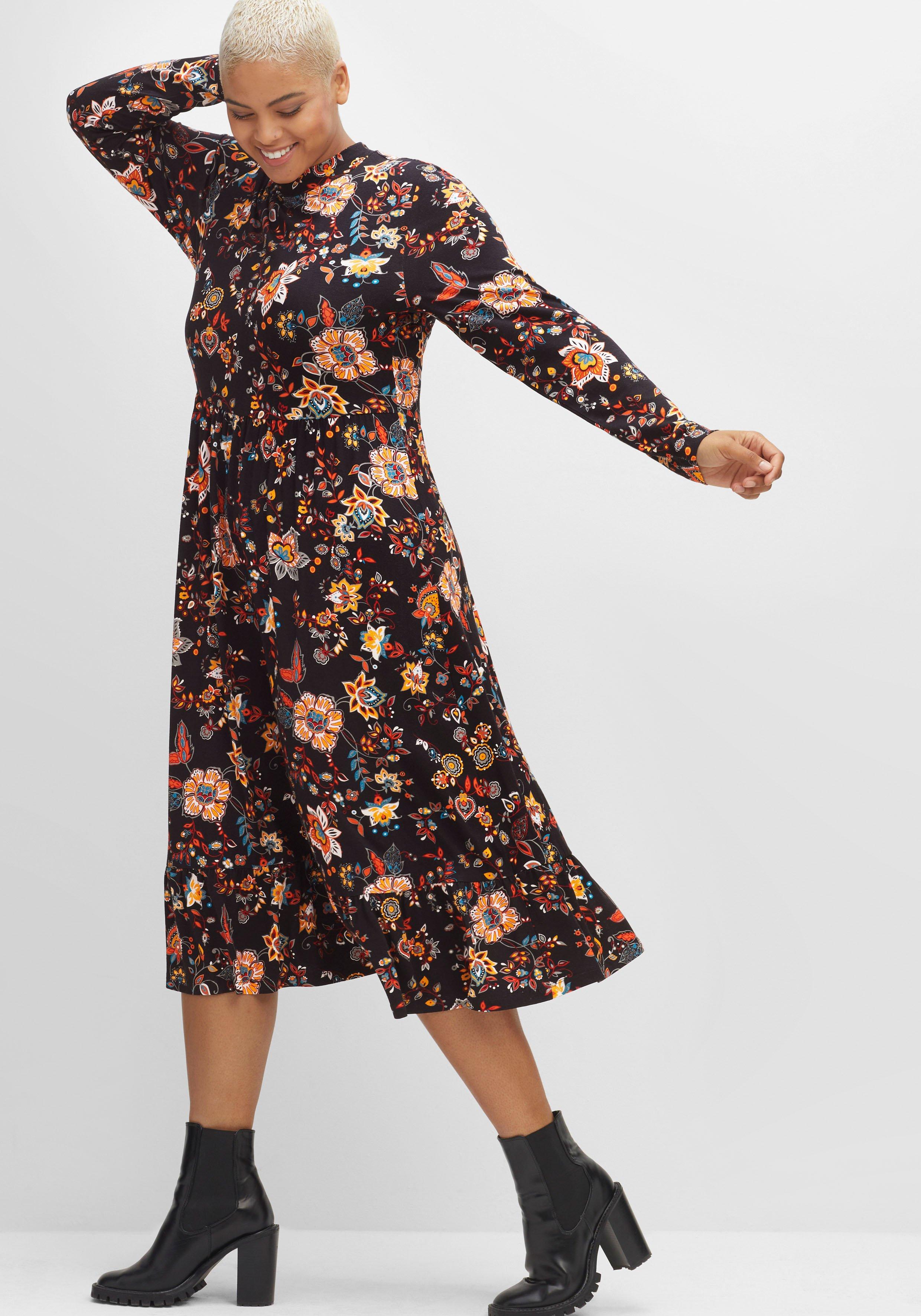 Jerseykleid mit weit schwingendem Rock, Blumenprint