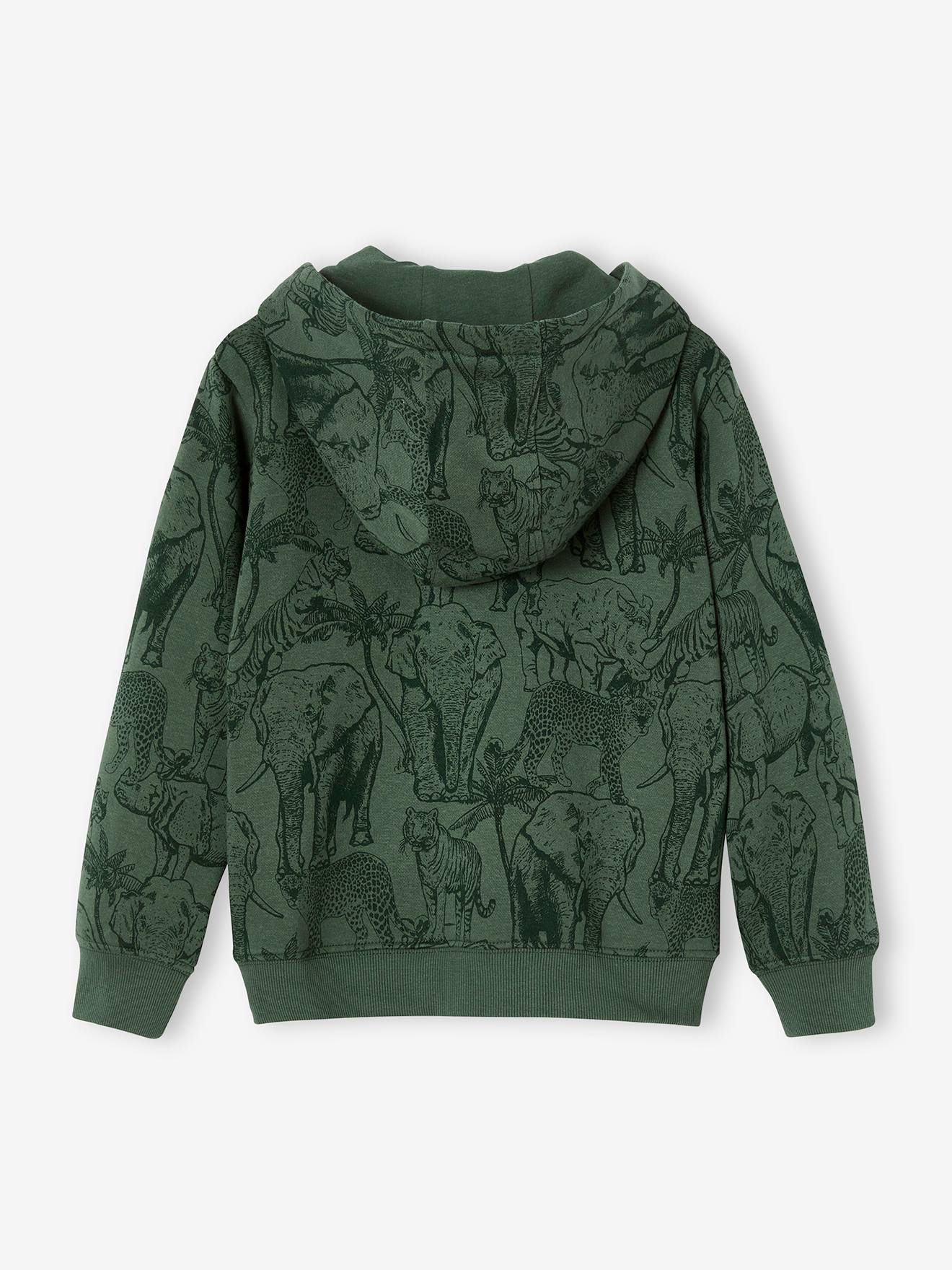 Moletom com capuz e zíper com estampa de selva para meninos, verde salgueiro