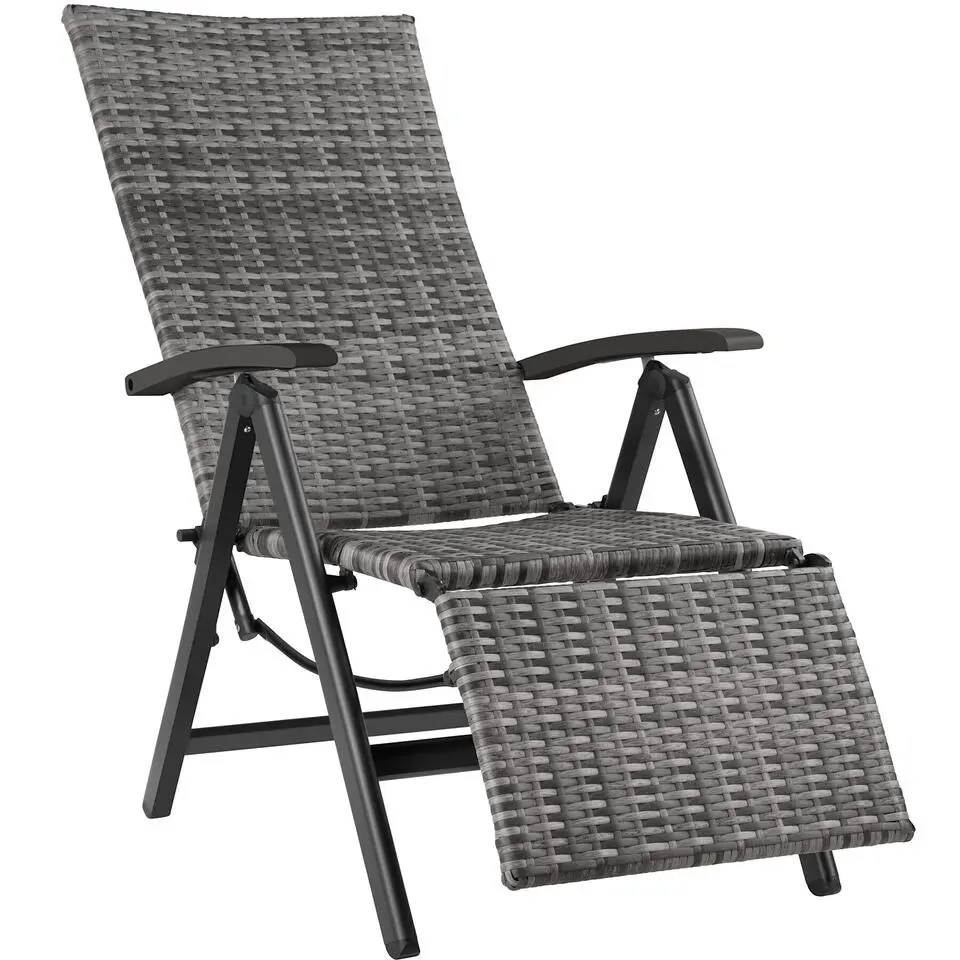 tectake Wicker tuinstoel opklapbaar met aluminium frame en voetsteun, Grijs