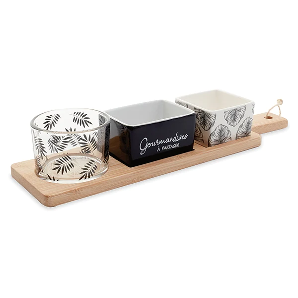 Service apéritif plateau bambou 31 cm avec 3 coupelles porcelaine et v