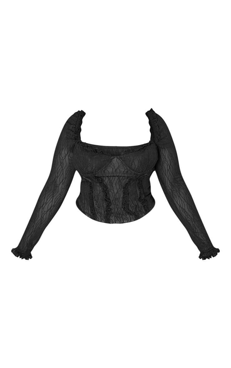 Noir Haut Grande Taille À Manches Longues En Mesh Avec Détails Volantés