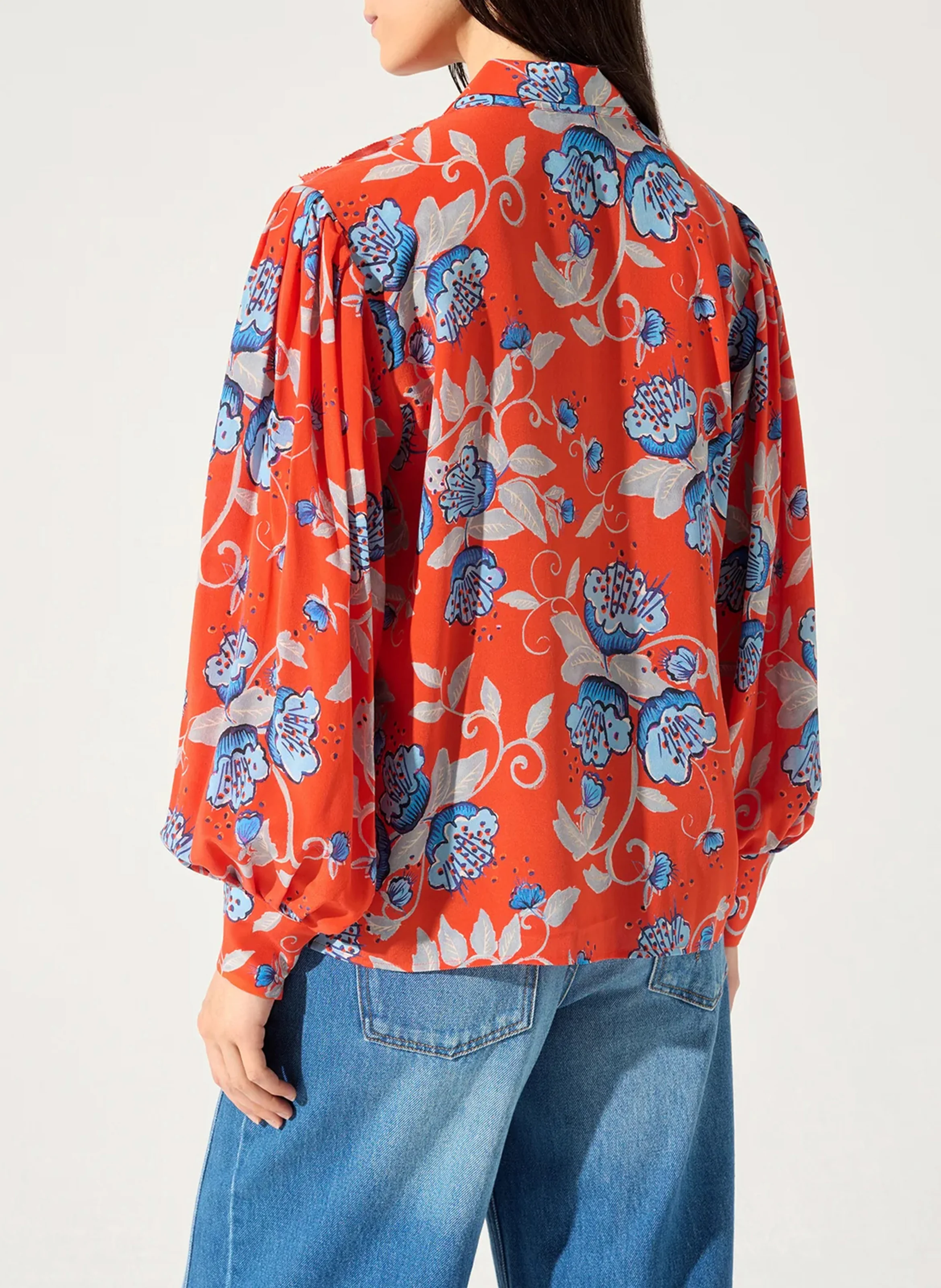 Chemise col lavallière droite en soie imprimé | Rouge