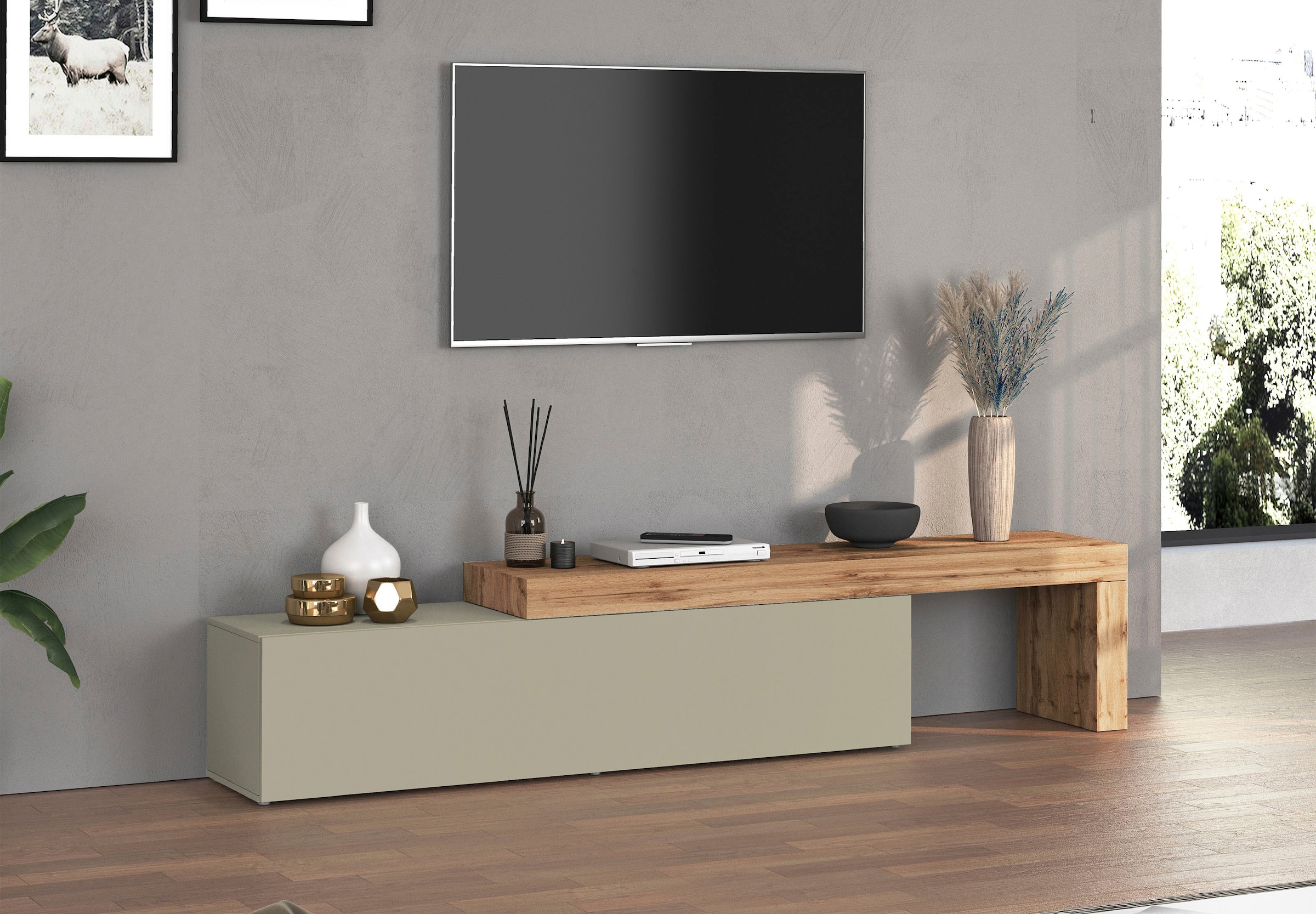 INOSIGN Lowboard »Chronos TV-Board, TV-Schrank« Breite verstellbar von 190 bis 350 cm, 1 Stk. tlg. Breite 270 cm TV-Board,Lowboard,1 Klappe und ein L-Förmiger Aufsatz