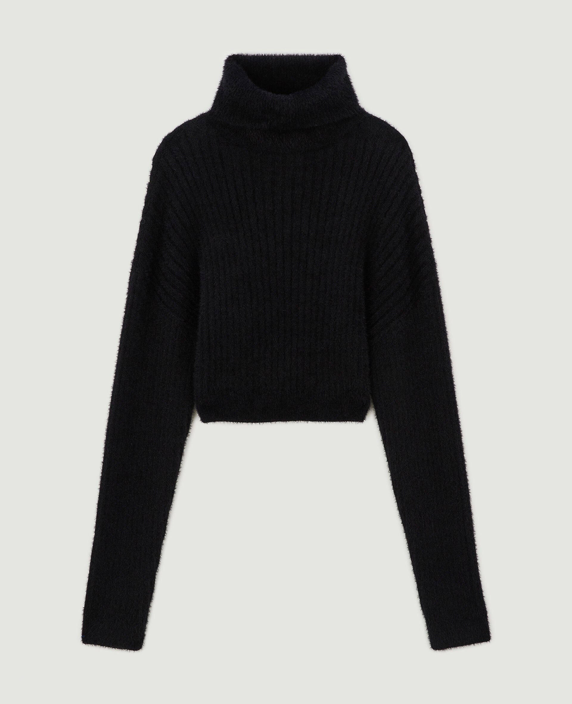 Pull court col roulé en maille fluffy - Noir