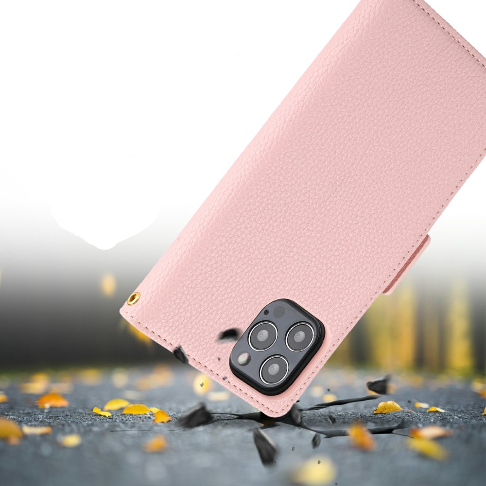 iPhone 13 Pro Leder Tasche Flip Cover Litchi Look mit Kartenfächern Geometrisches Design - Rosa / Weiss