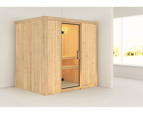 Karibu Wanja plug & play sauna zonder kachel en dakrand, met volledig glazen deur van helder glas