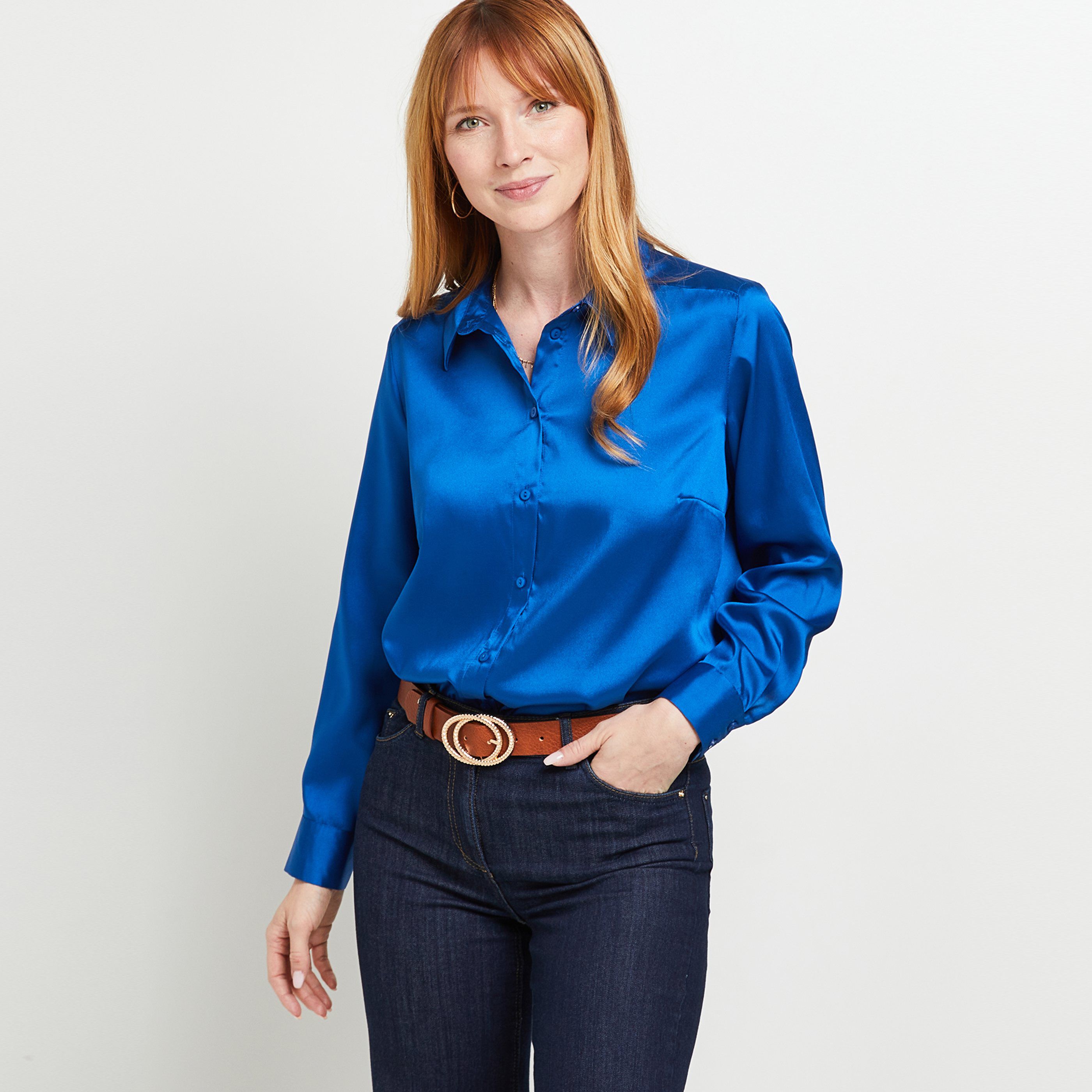 Chemise satin unie - BLEU