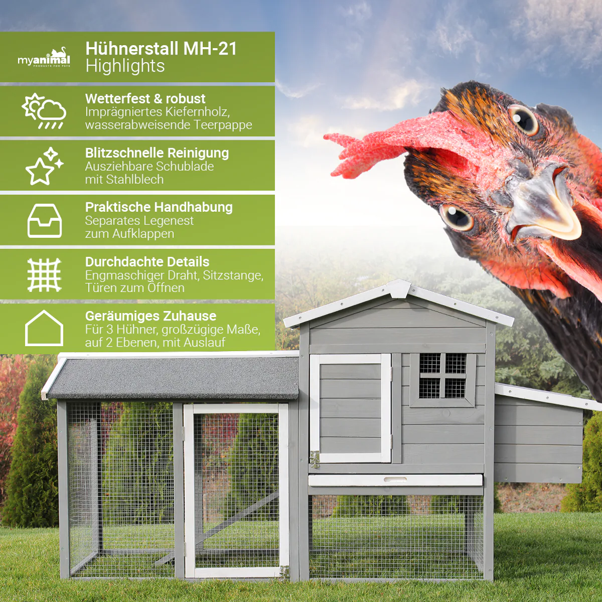 MyAnimal Hühnerstall für 3 Hühner MH-21 mit Eiablage, Dach wasserabweisend, verzinkter Draht