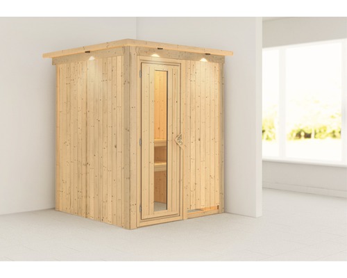 Plug & Play Sauna Karibu Achat I zonder kachel, met dakrand en houten deur met isolatieglas, thermisch geïsoleerd