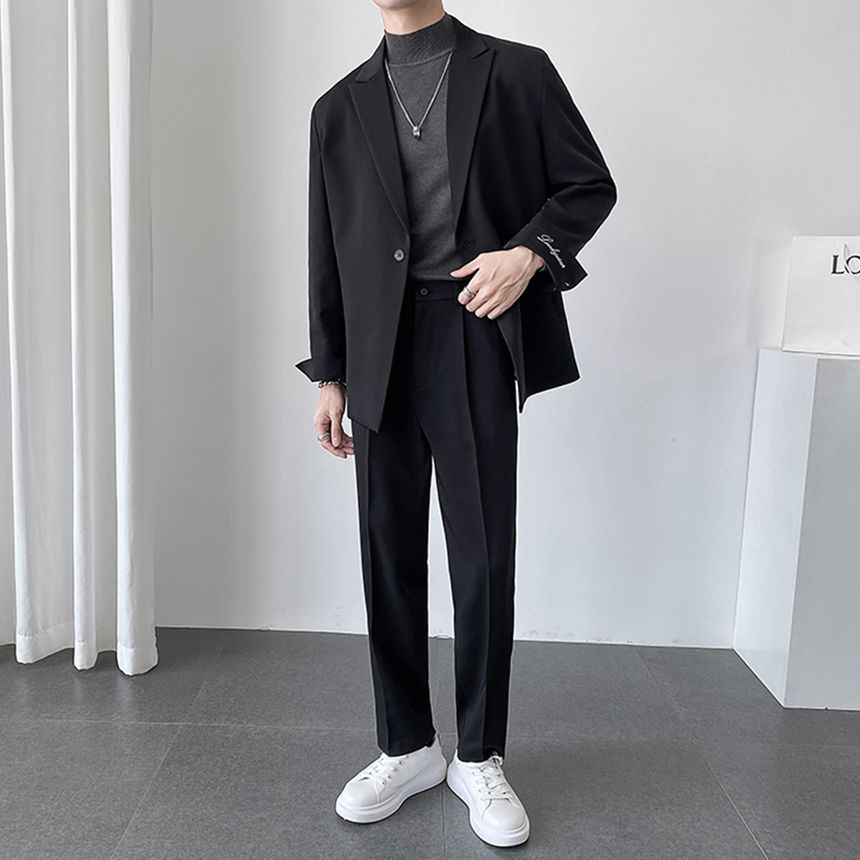 DragonRoad - Set: effen enkelrijs blazer met piekrevers + rechte, cropped pantalon met middelhoge taille