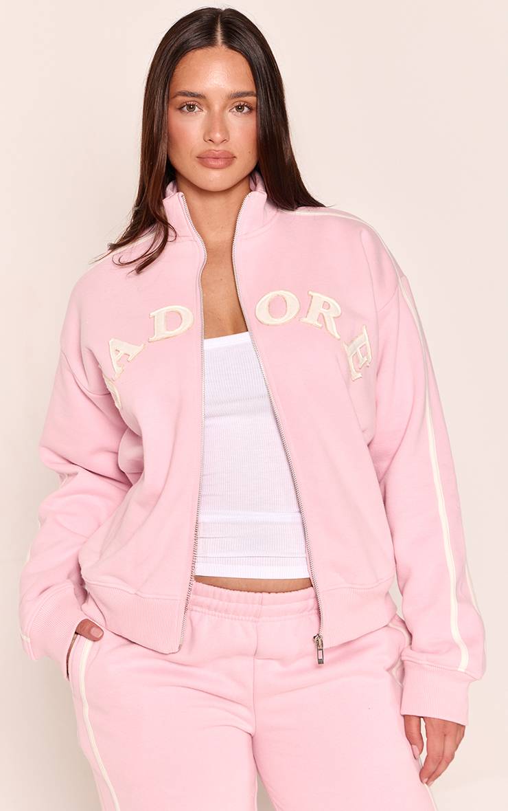 Rose Sweat-shirt Zippé Shape À Contraste Avec Appliqué J'adore