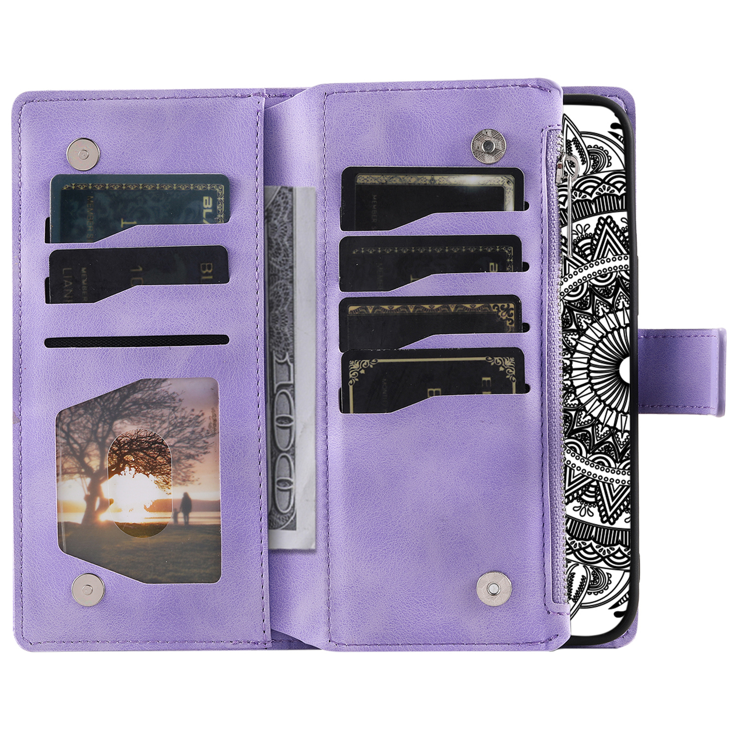 Samsung Galaxy S24 FE Leder Tasche Flip Cover mit Reissverschluss - Mandala Flowers Imprint - Lila