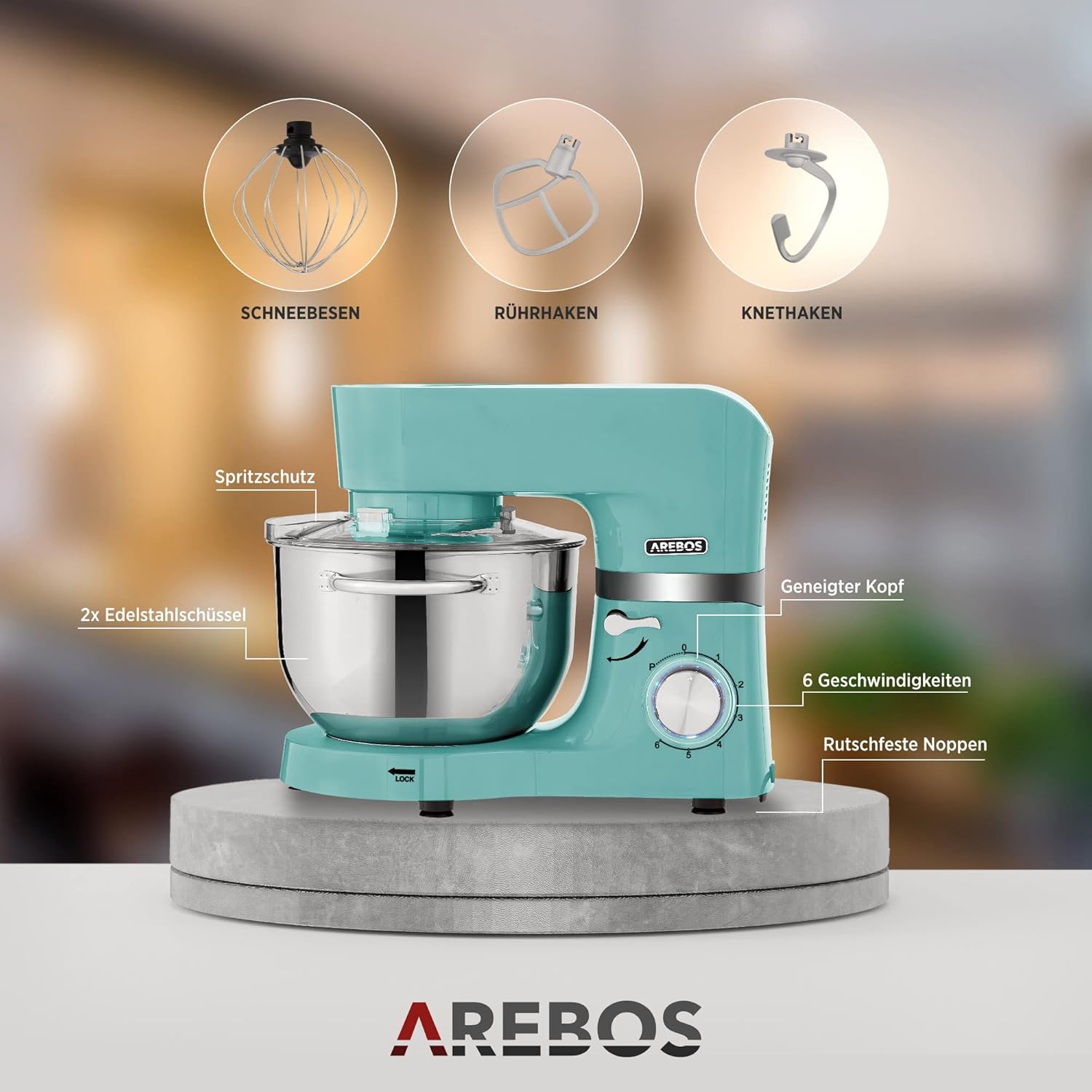 Arebos Küchenmaschine 1500W Türkis | Knetmaschine mit 2x Edelstahl-Rührschüsseln 4,5 & 5,5L | Geräuscharm | Küchenmixer mit Rührhaken, Knethaken, Schlagbesen und Spritzschutz | 6 Geschwindigkeiten