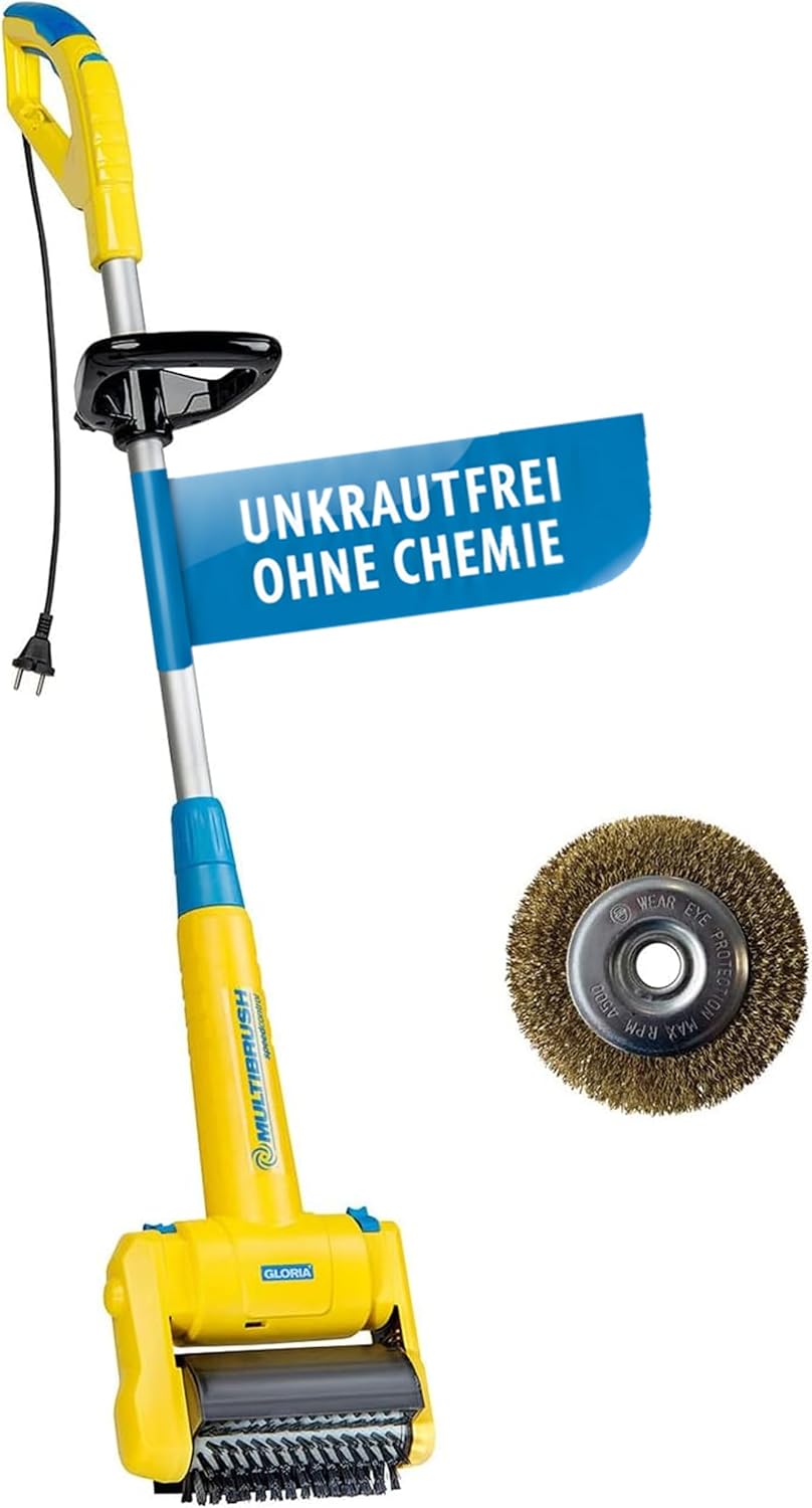 GLORIA MultiBrush speedcontrol – Elektrische Reinigungsbürste, Terrassenreiniger & Fugenbürste für Stein, Holz & Fugen, Rasentrimmer, Rasenkantenschneider & Unkrautbürste, inkl. 2 Aufsätze
