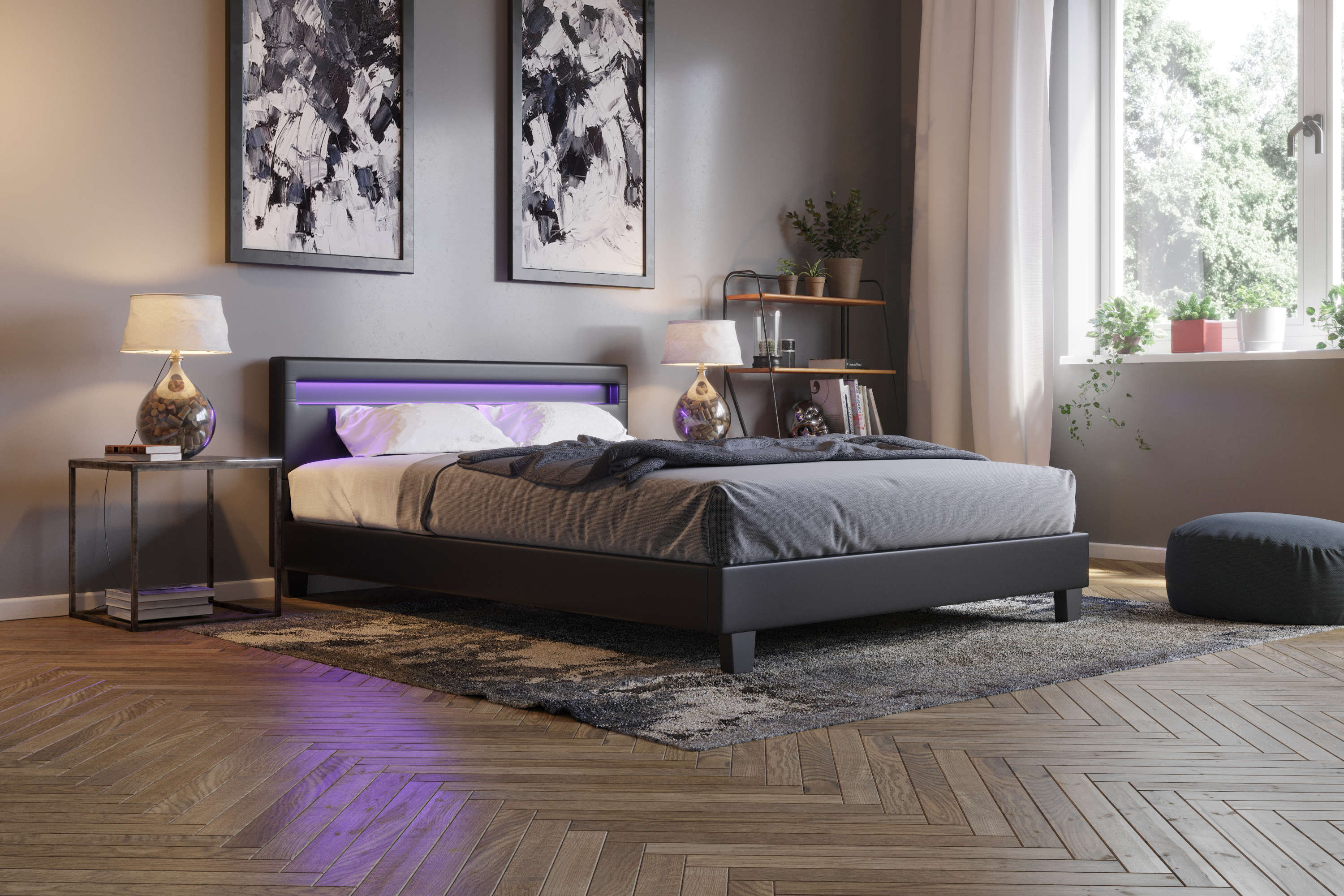 Lederbett LED DREAM 160 x 200 cm schwarz