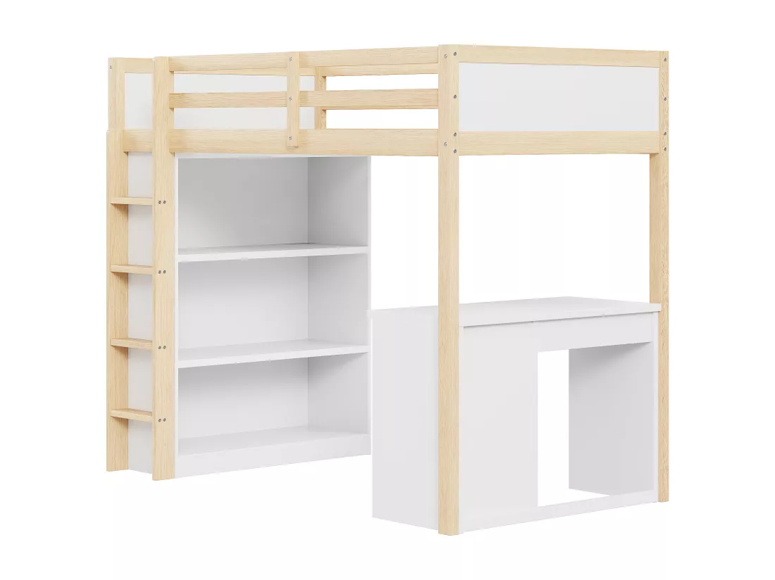 Lit mezzanine 90x200 cm - avec meubles de rangement et un bureau - en bois massif - Naturel