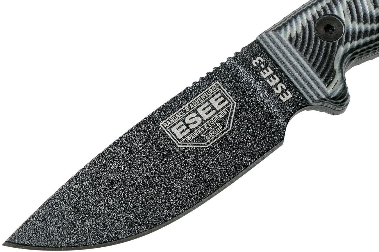 ESEE Model 3 Black Blade 3D Grey-Black G10 survivalmes 3PMB-002 zwarte schede   riemclip