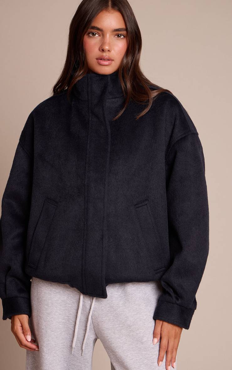 Bleu Marine Veste Bomber À Col Montant À Carreaux
