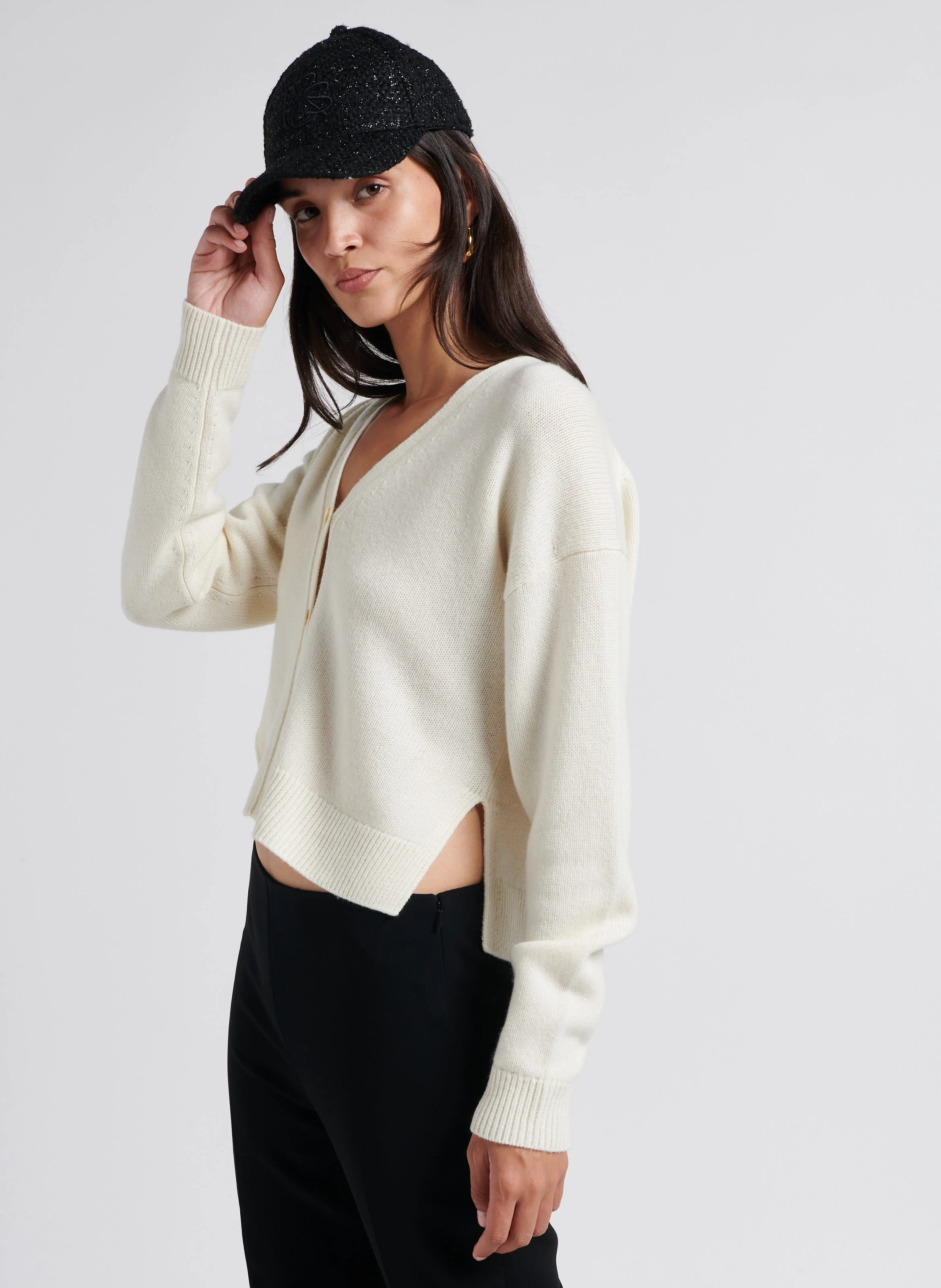 Gilet ample col V en laine mélangée | Blanc