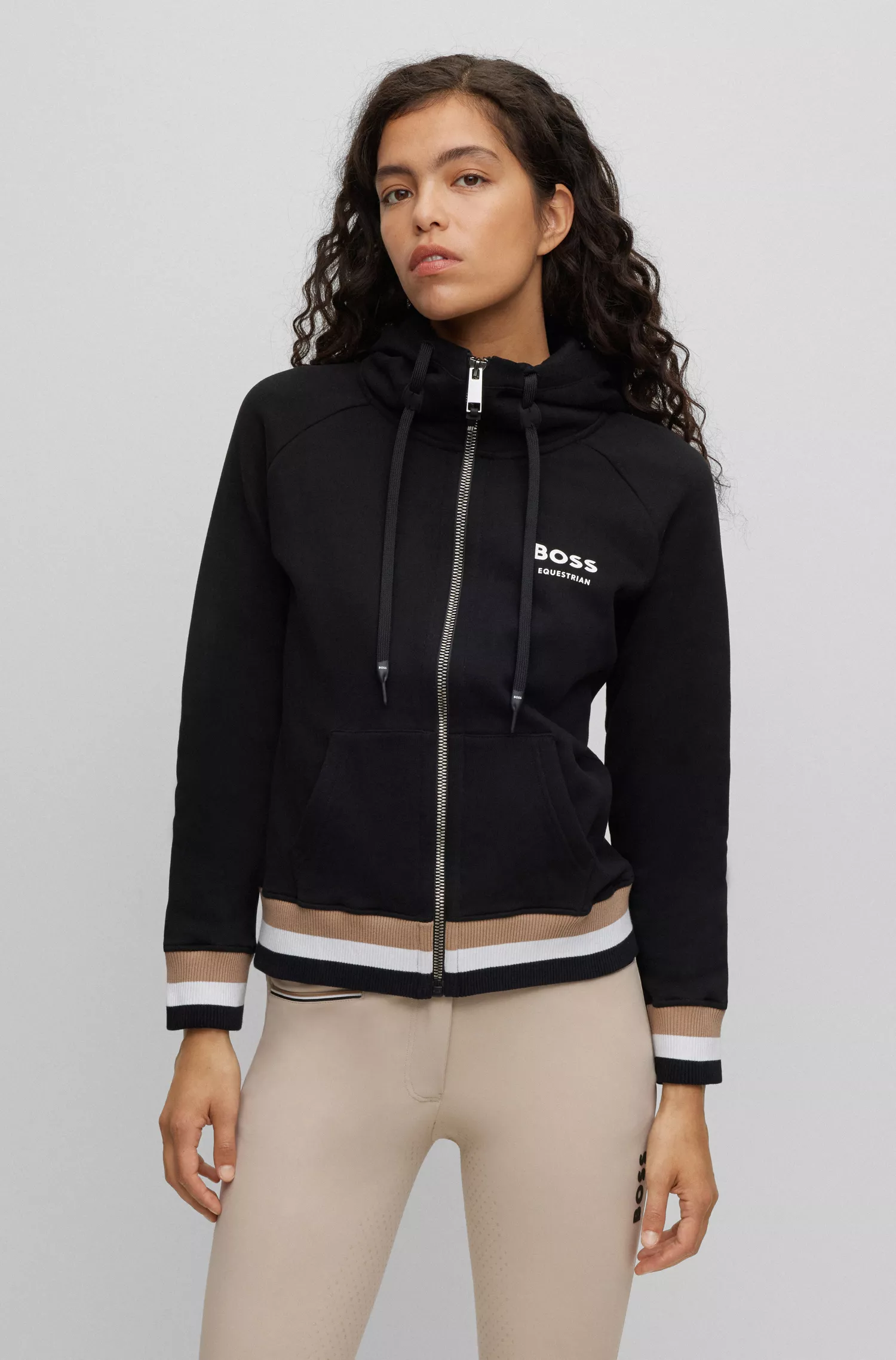 Moletom com zíper BOSS Black-Equestrian em algodão com listras características.
