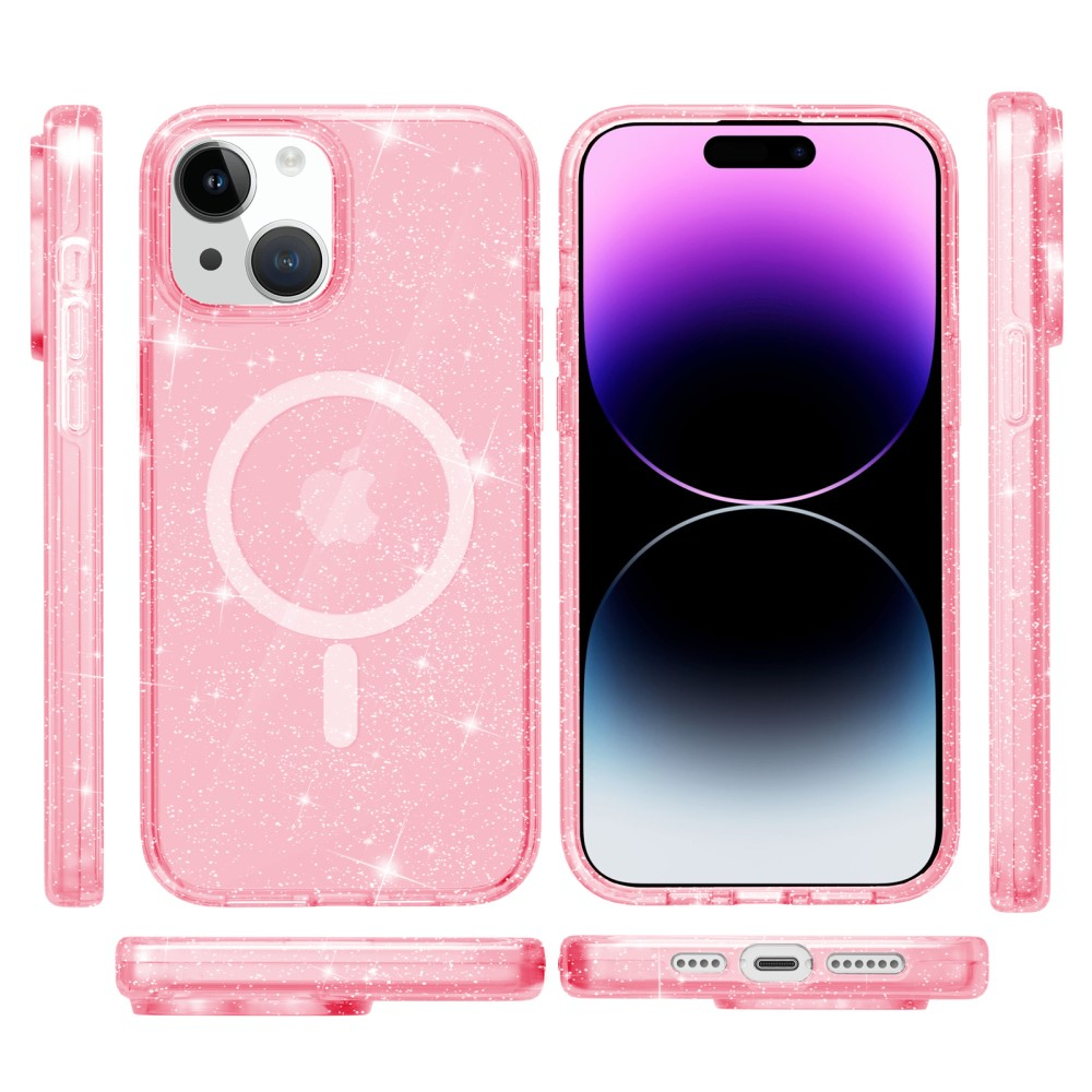 iPhone 15 MagSafe Hybrid Hardcase Hülle mit TPU Bumper Glitzer Design - Rosa / Transparent